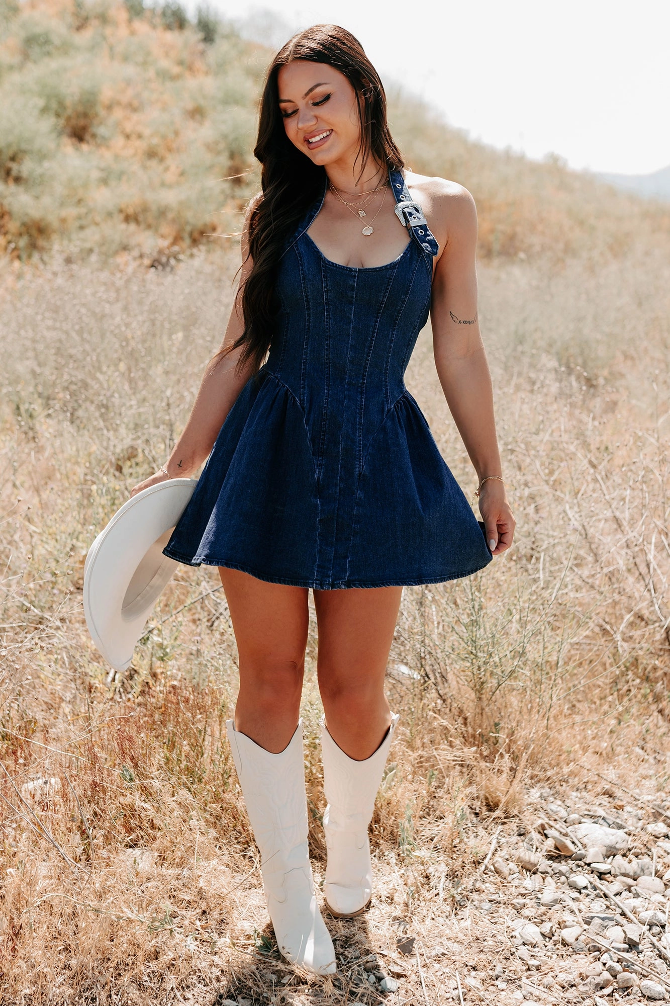 Fleeting Moments Denim Halter Mini Dress (Denim)
