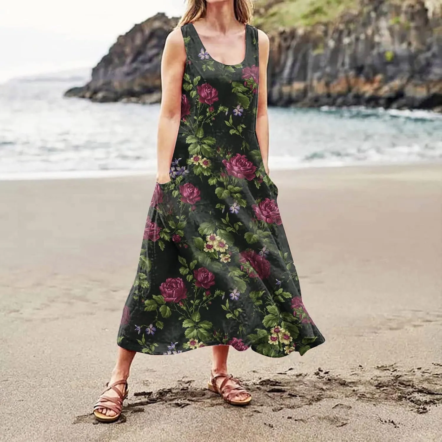FlekmanArt Women Cotton and Linen Shirt Dress 2023 Summer U Neck Sleeveless Dress Gradient Casual Flowy Dress with Pocket