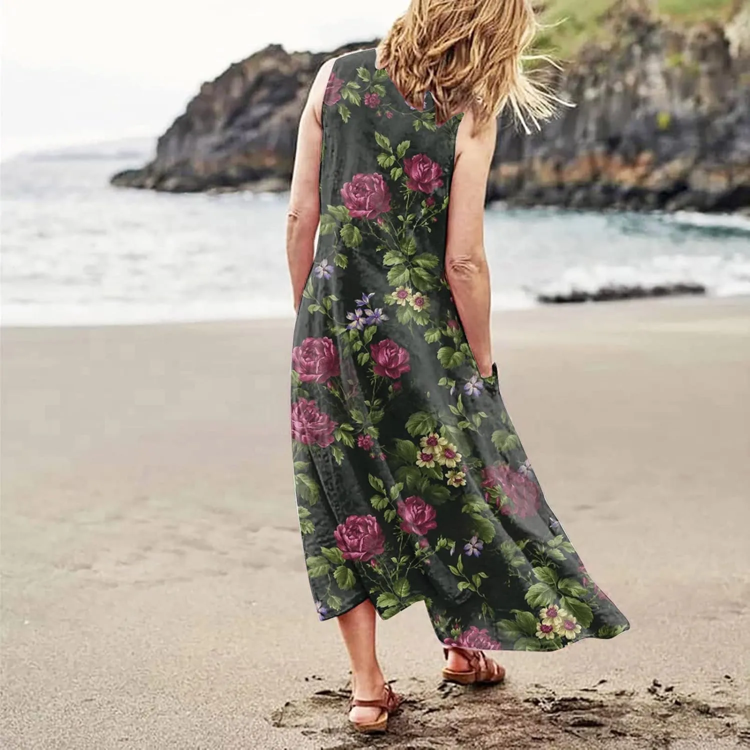 FlekmanArt Women Cotton and Linen Shirt Dress 2023 Summer U Neck Sleeveless Dress Gradient Casual Flowy Dress with Pocket
