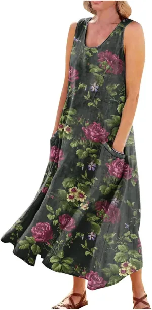 FlekmanArt Women Cotton and Linen Shirt Dress 2023 Summer U Neck Sleeveless Dress Gradient Casual Flowy Dress with Pocket
