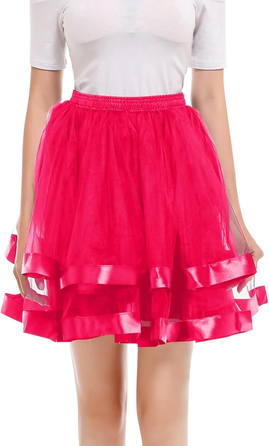 FlekmanArt Women's Pink Tulle Petticoat Puffy Tutu Skirt Layered Ballet Tulle Midi Knee Length Skirt Underskirt