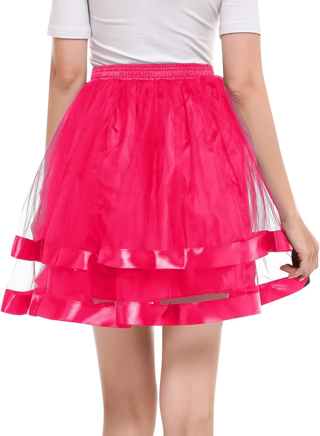 FlekmanArt Women's Pink Tulle Petticoat Puffy Tutu Skirt Layered Ballet Tulle Midi Knee Length Skirt Underskirt