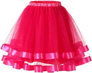 FlekmanArt Women's Pink Tulle Petticoat Puffy Tutu Skirt Layered Ballet Tulle Midi Knee Length Skirt Underskirt