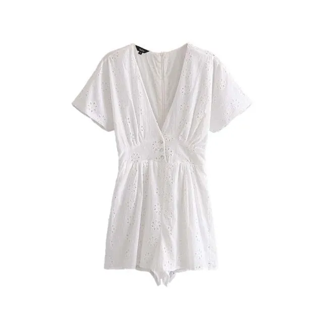 Floral Hollow Out V-Neck Playsuit