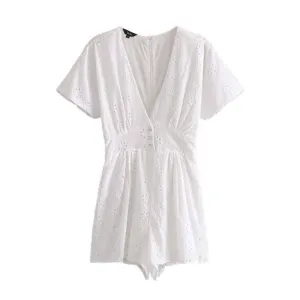Floral Hollow Out V-Neck Playsuit