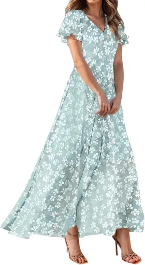Floral Maxi Dresses for Women 2025 Summer Modest Flutter Sleeve Long Flowy Dresses V Neck Chiffon Garden Party Dress