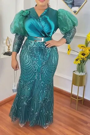 Floral Pattern Sequined Patchwork Luxe Belted Maxi Dress