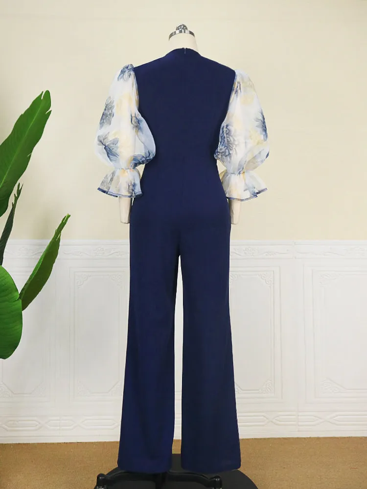 Floral Print Mesh Sleeve V Neck Full Length Jumpsuit