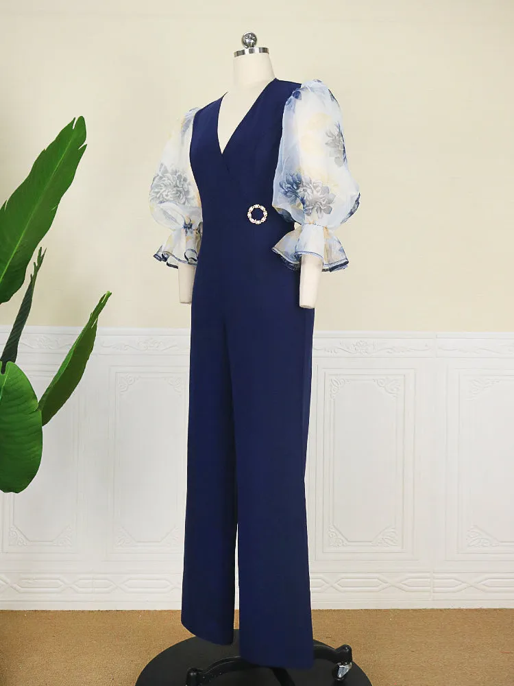 Floral Print Mesh Sleeve V Neck Full Length Jumpsuit