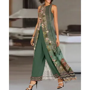 Floral Print Patchwork O Neck Wide Leg Asymmetrical Jumpsuit
