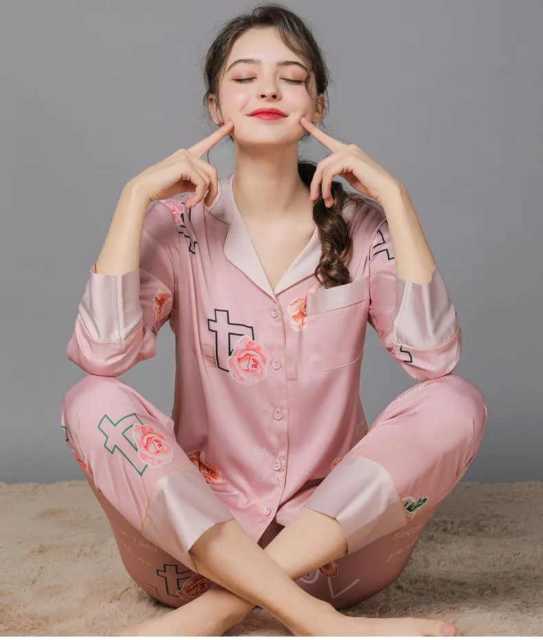 Floral Print  Women's Satin Long Sleeve Pajamas Set