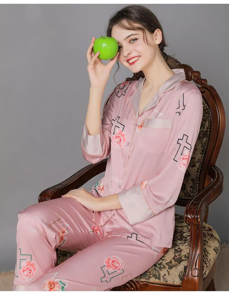 Floral Print  Women's Satin Long Sleeve Pajamas Set
