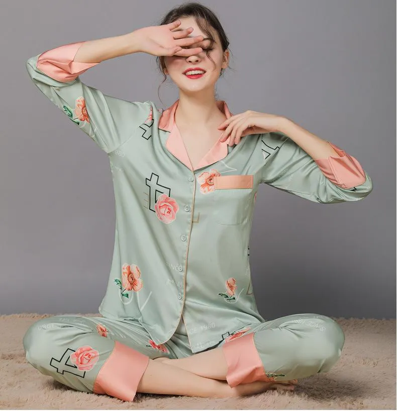 Floral Print  Women's Satin Long Sleeve Pajamas Set