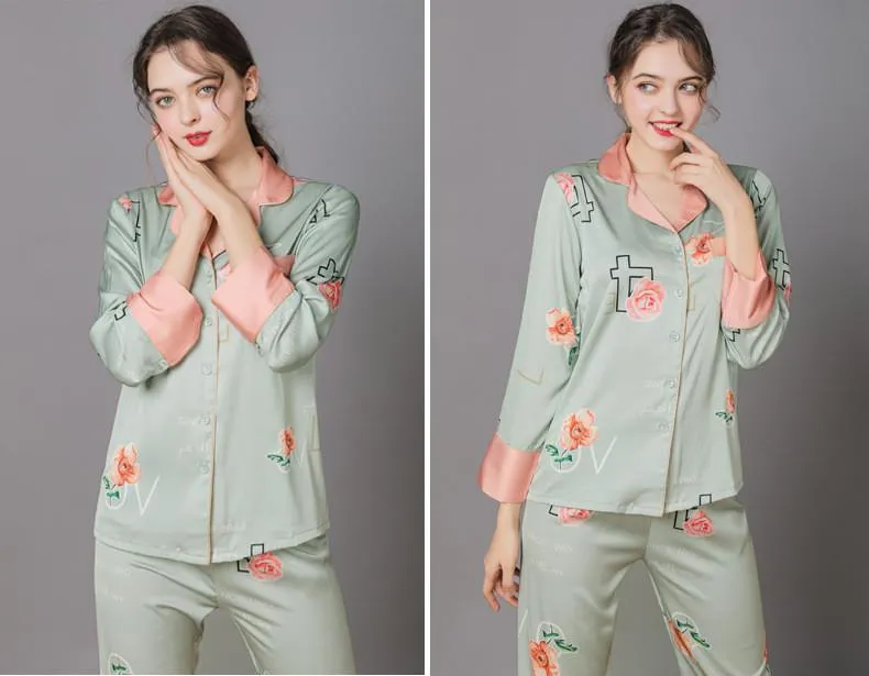 Floral Print  Women's Satin Long Sleeve Pajamas Set
