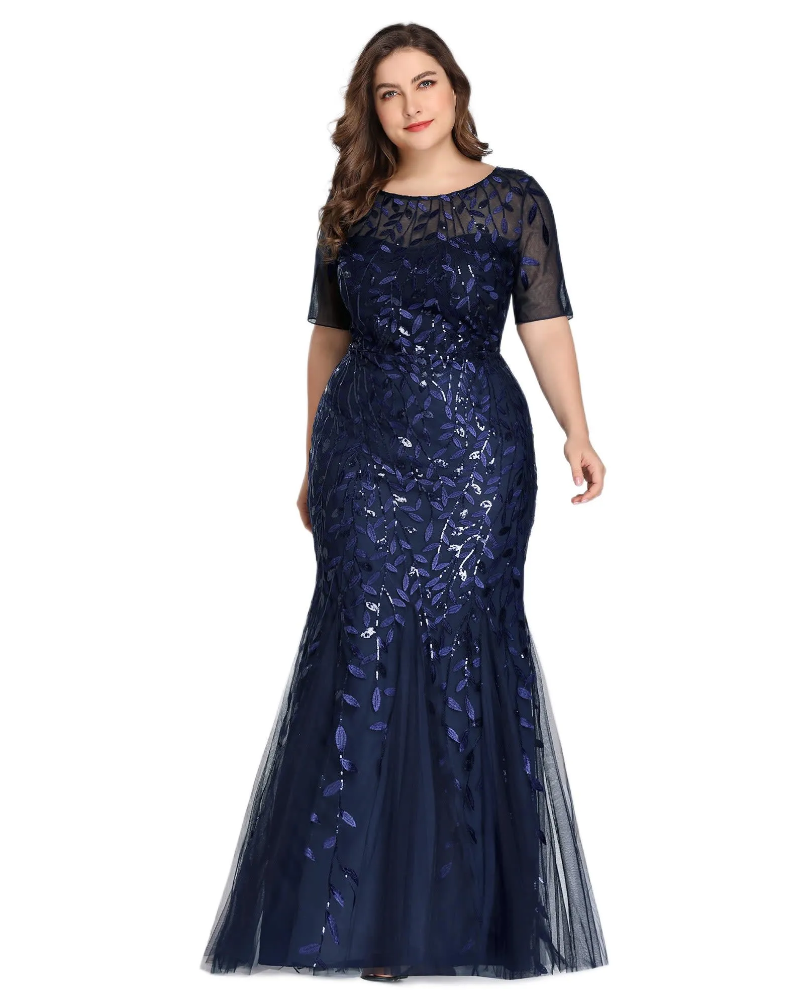 Floral Sequin Mermaid Tulle Evening Dress | Navy Blue