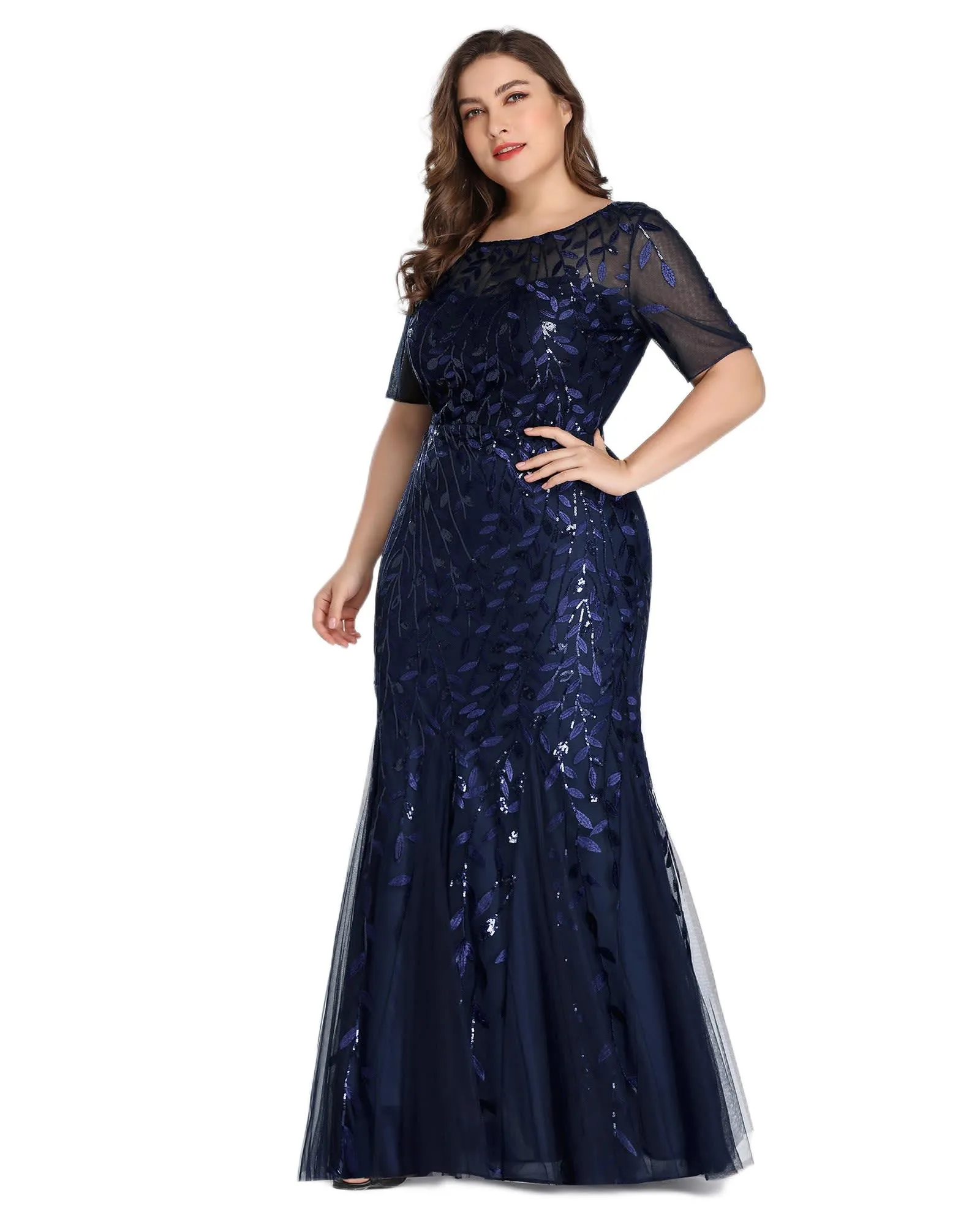 Floral Sequin Mermaid Tulle Evening Dress | Navy Blue