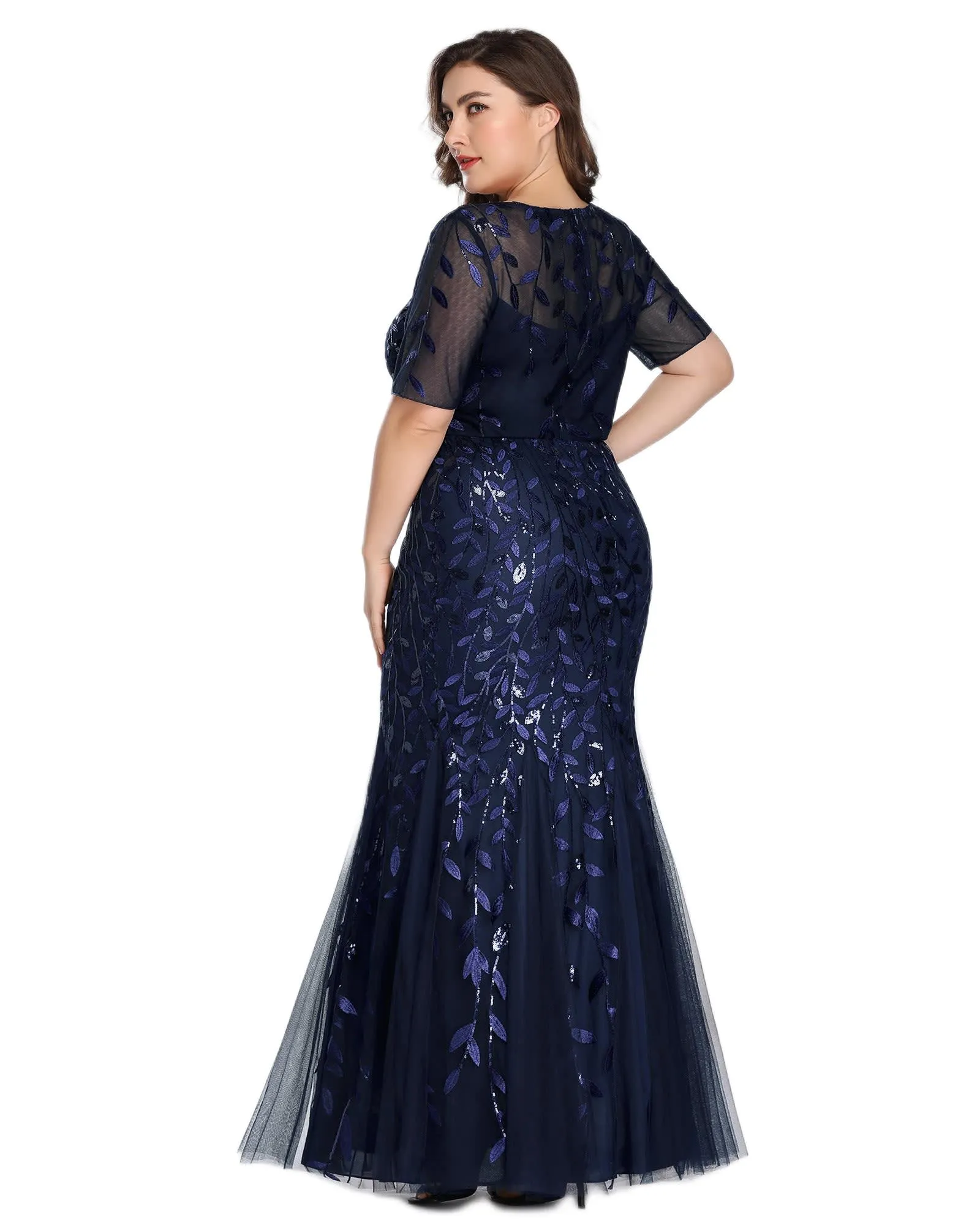 Floral Sequin Mermaid Tulle Evening Dress | Navy Blue