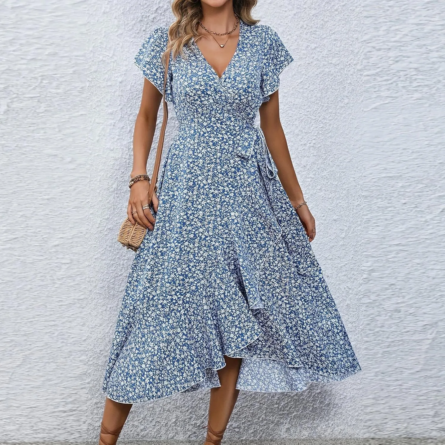Floral Wrap Dresses for Women 2025 Elegant Classy Summer Sexy Flowy Deep V Neck Tie Waist Midi Dress Ruffle Hem