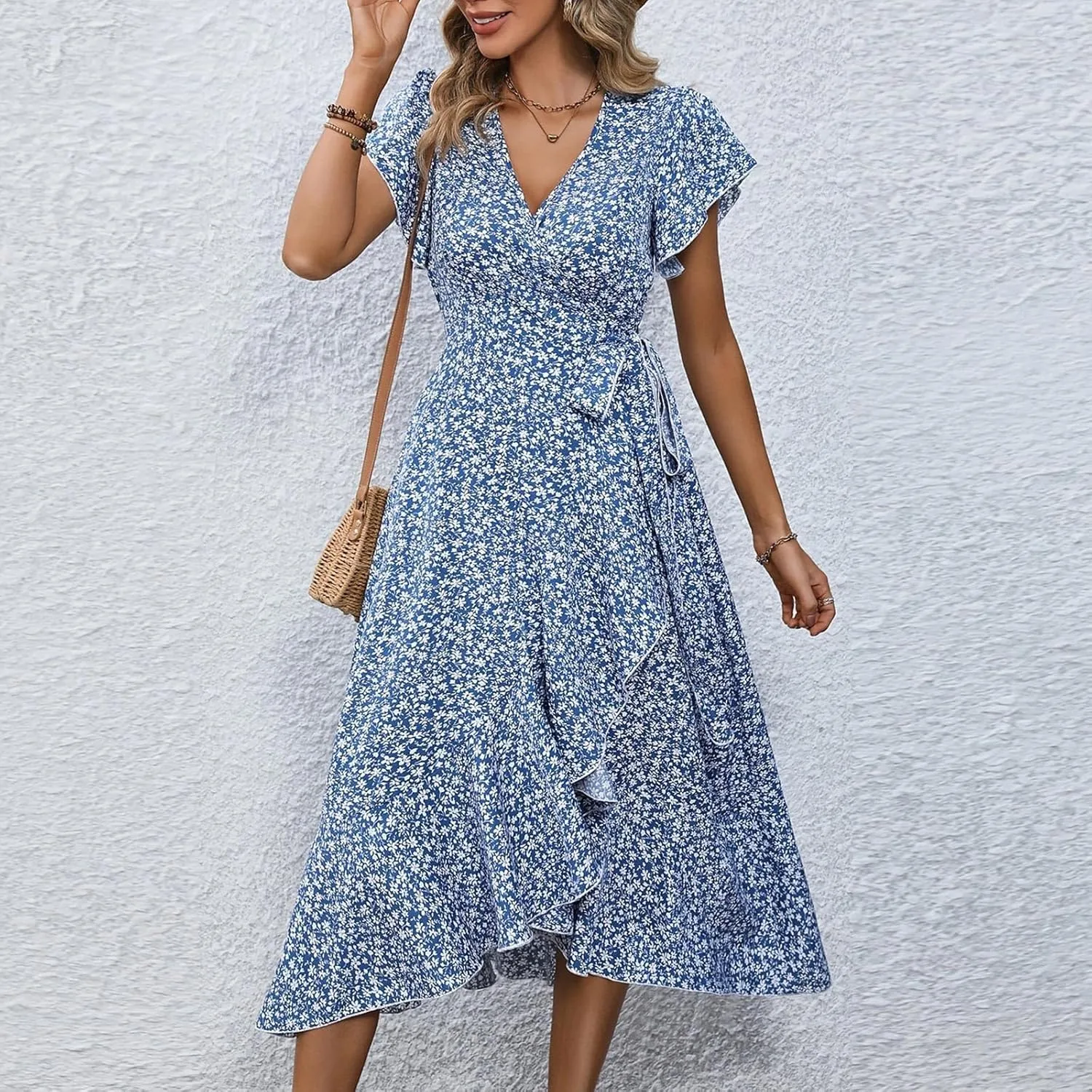 Floral Wrap Dresses for Women 2025 Elegant Classy Summer Sexy Flowy Deep V Neck Tie Waist Midi Dress Ruffle Hem