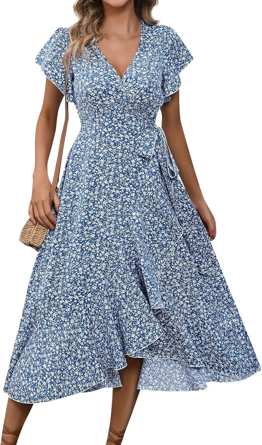 Floral Wrap Dresses for Women 2025 Elegant Classy Summer Sexy Flowy Deep V Neck Tie Waist Midi Dress Ruffle Hem
