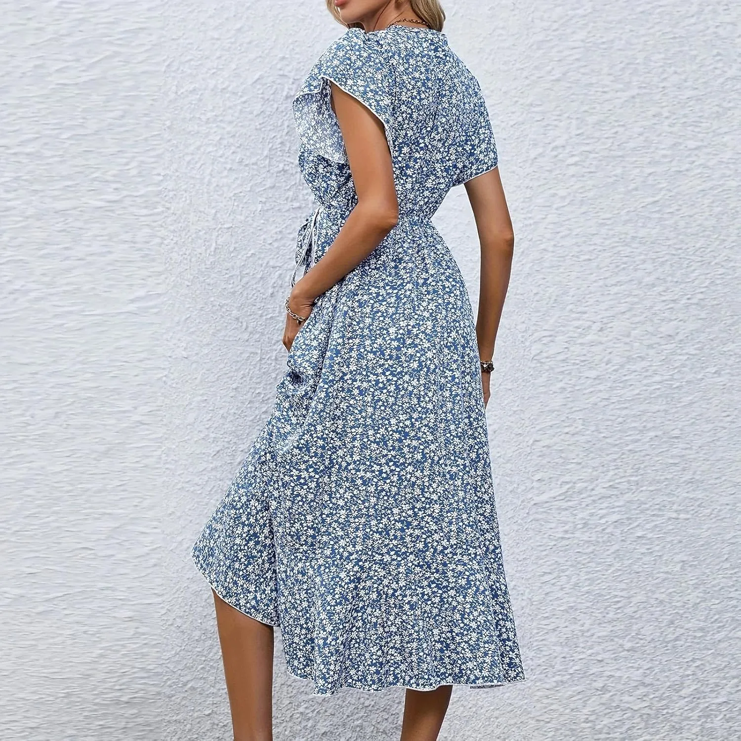 Floral Wrap Dresses for Women 2025 Elegant Classy Summer Sexy Flowy Deep V Neck Tie Waist Midi Dress Ruffle Hem