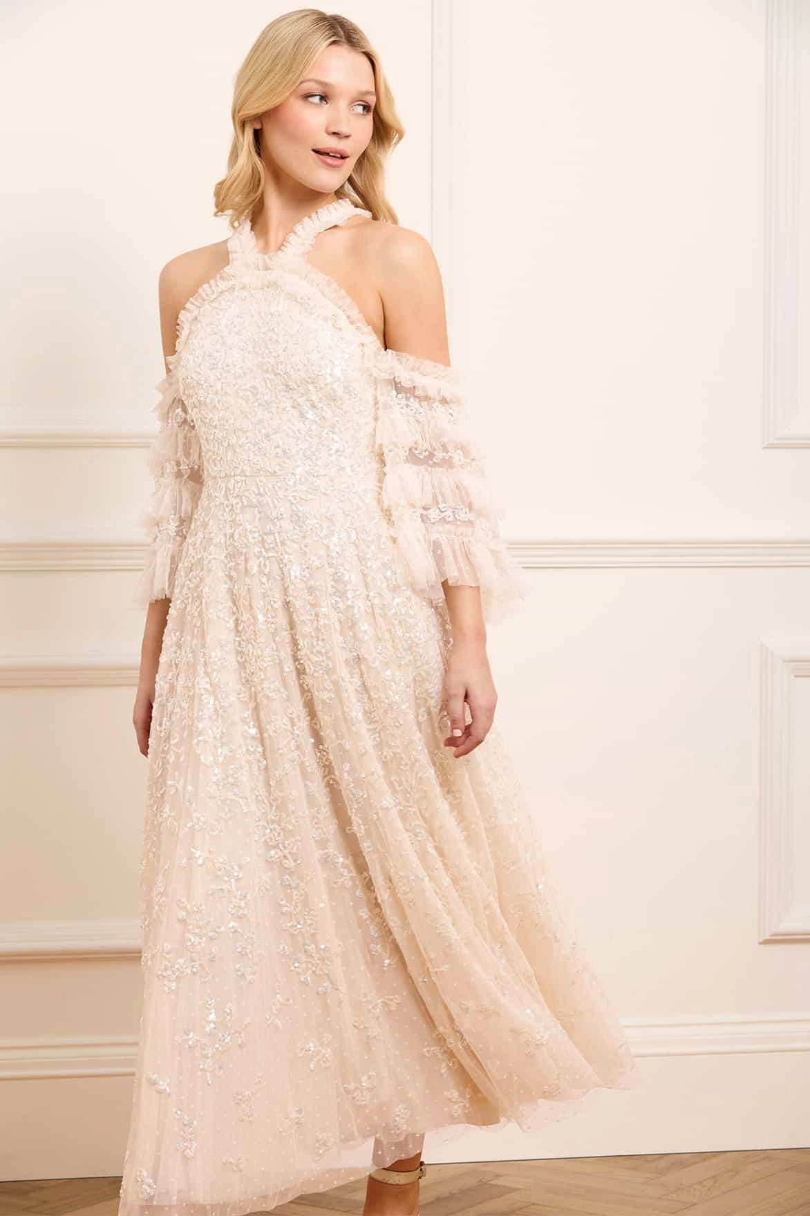 Floral Lace Off-Shoulder Ankle Gown