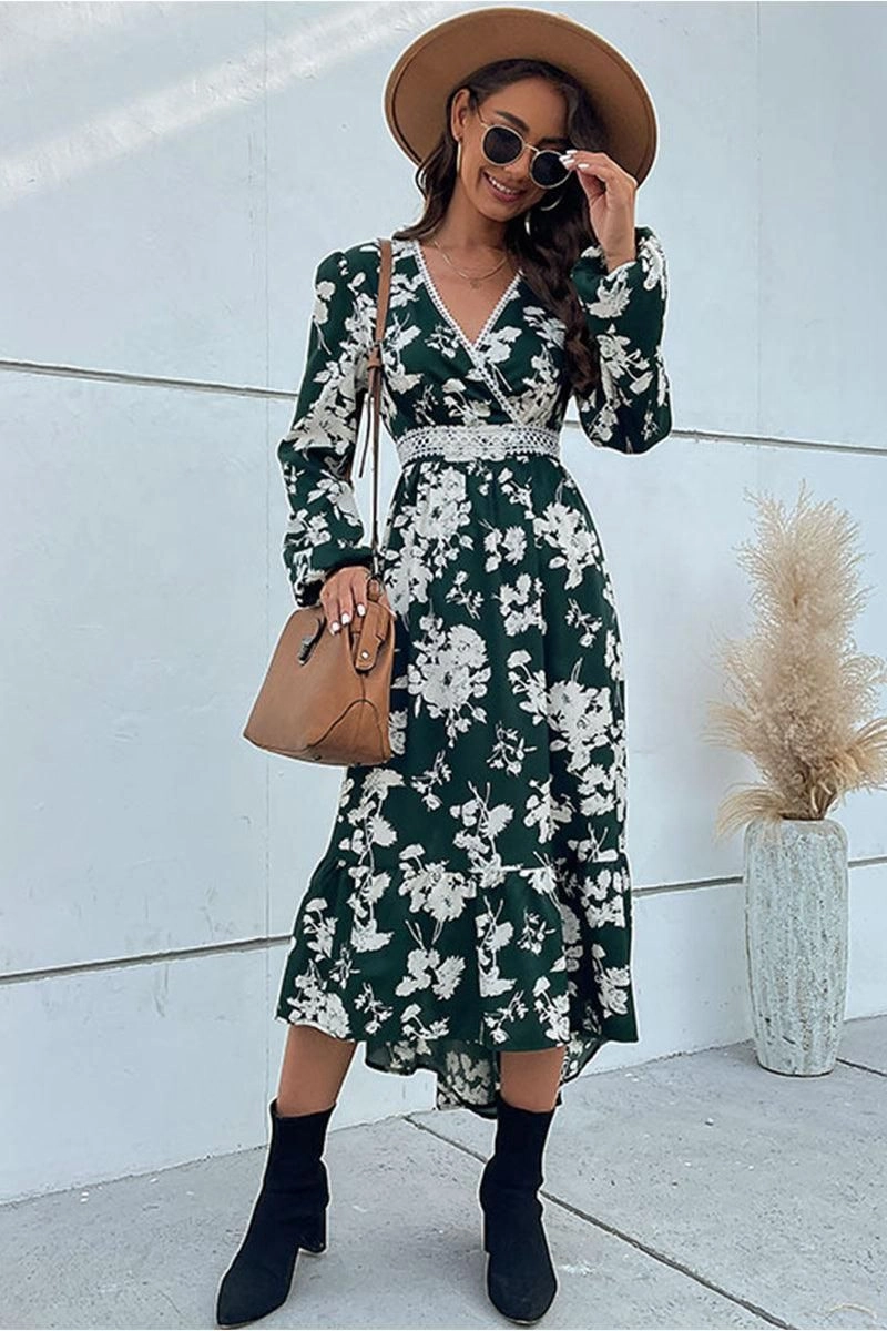 FLORAL PATTERN V NECK ELEGANT DRESS