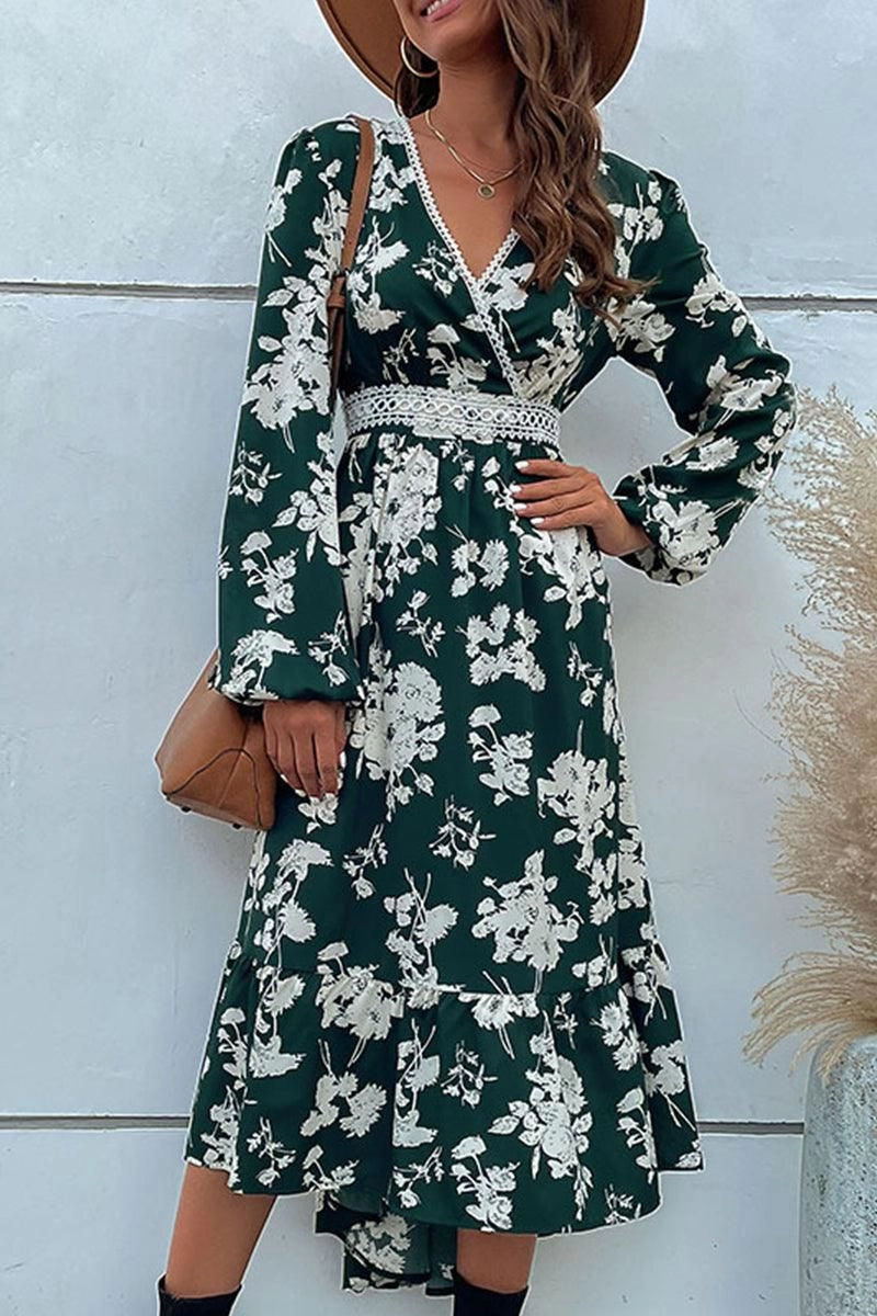 FLORAL PATTERN V NECK ELEGANT DRESS