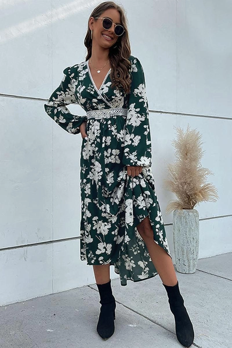 FLORAL PATTERN V NECK ELEGANT DRESS