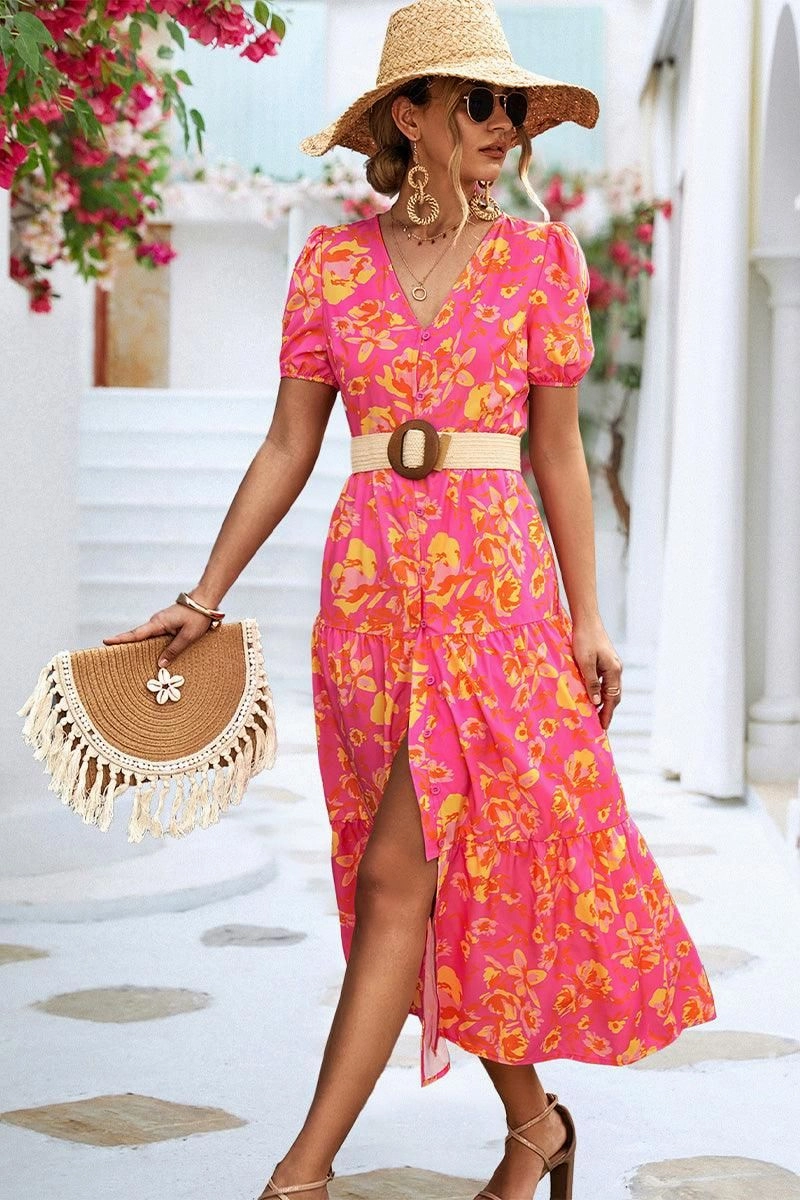 FLORAL PRINTING WOMEN SLIT DRESS