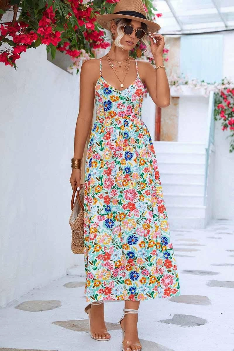 FLORAL V NECK SPAGHETTI STRAP SLIT DRESS
