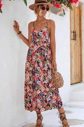 FLORAL V NECK SPAGHETTI STRAP SLIT DRESS FLORAL V NECK SPAGHETTI STRAP SLIT DRESS