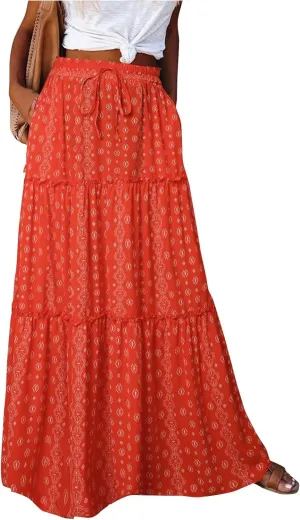 Flowy Maxi Skirts for Women High Waisted Tiered Long Skirt Ladies Soft Drawstring Casual Ruffle Skirts
