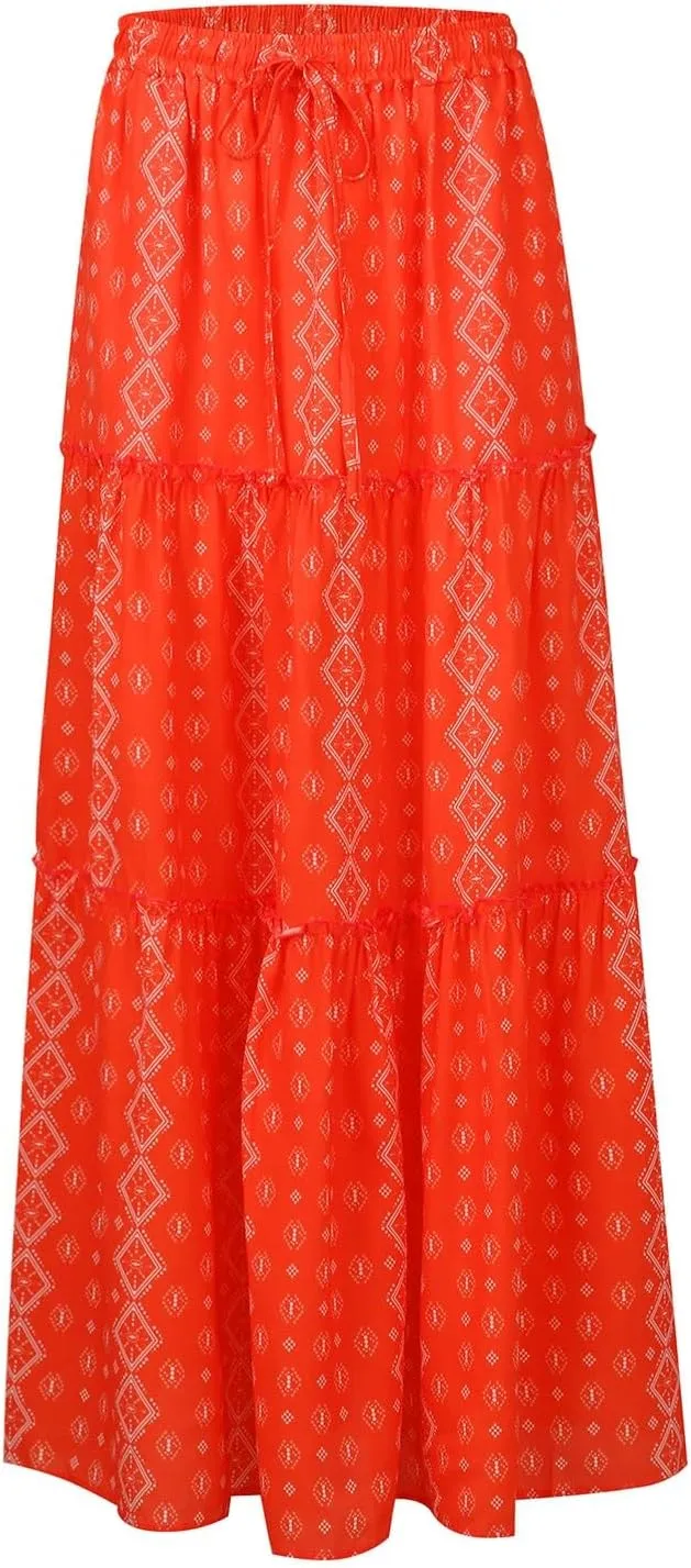Flowy Maxi Skirts for Women High Waisted Tiered Long Skirt Ladies Soft Drawstring Casual Ruffle Skirts