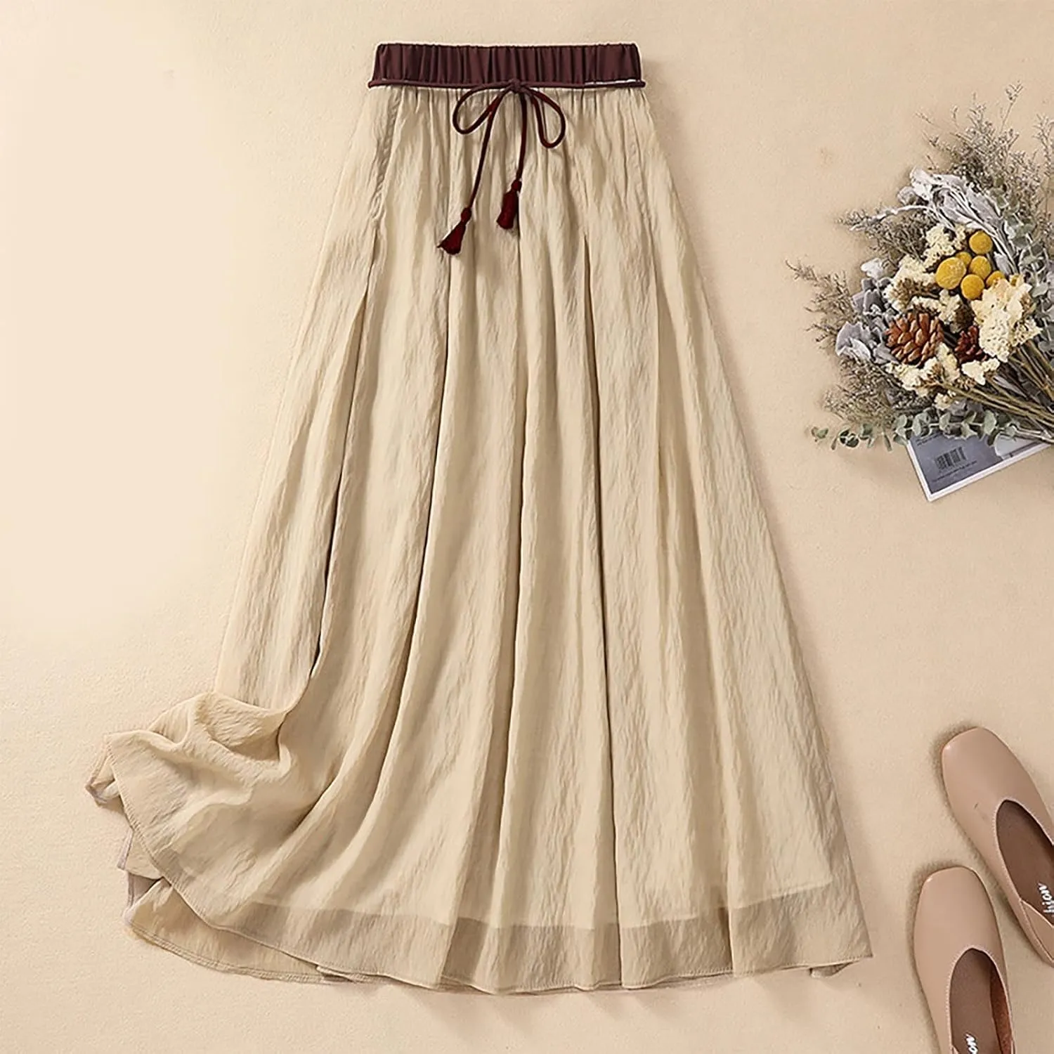 Flowy Midi Skirt for Women Elastic High Waisted Casual Tie-up Solid Color Summer A Line Waistband Skirts