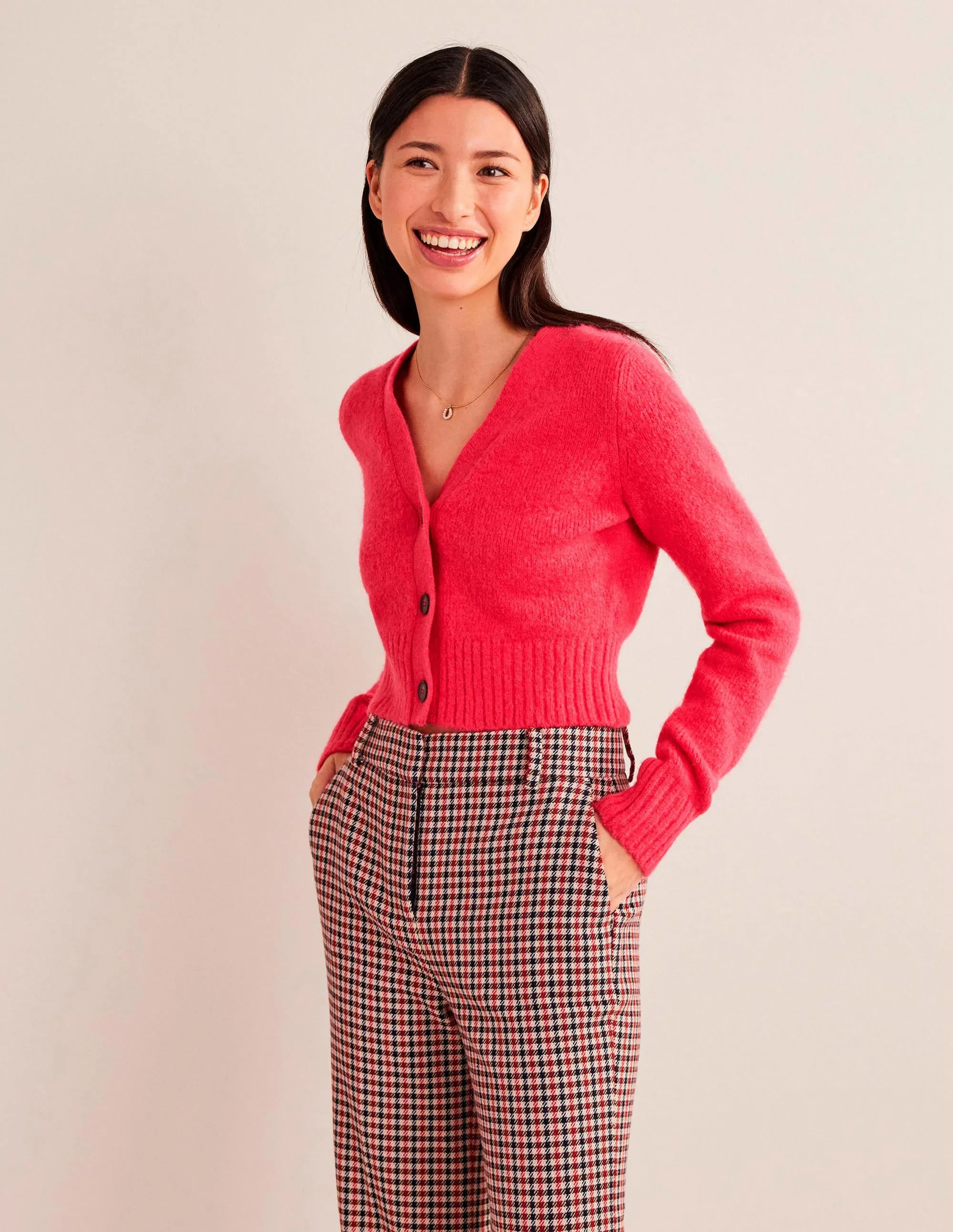 Fluffy Cropped V-Neck Cardigan-Virtual Pink
