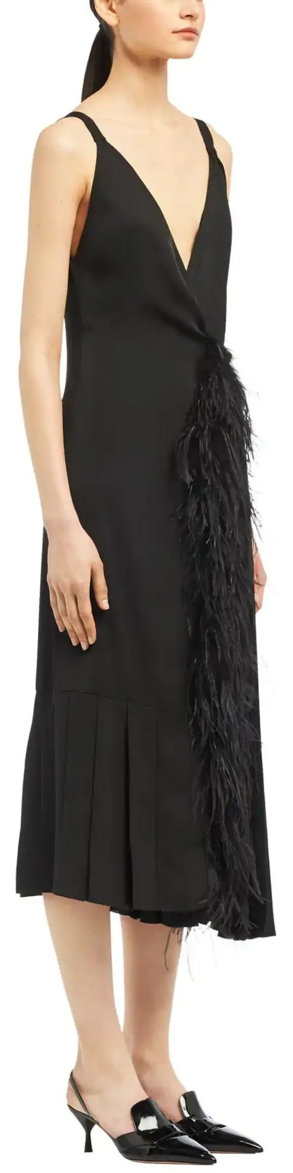 Fluid Twill Dress with Feathers