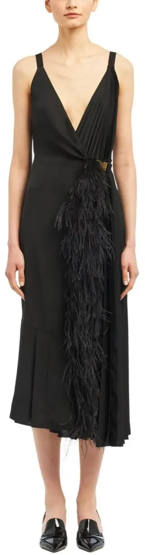 Fluid Twill Dress with Feathers