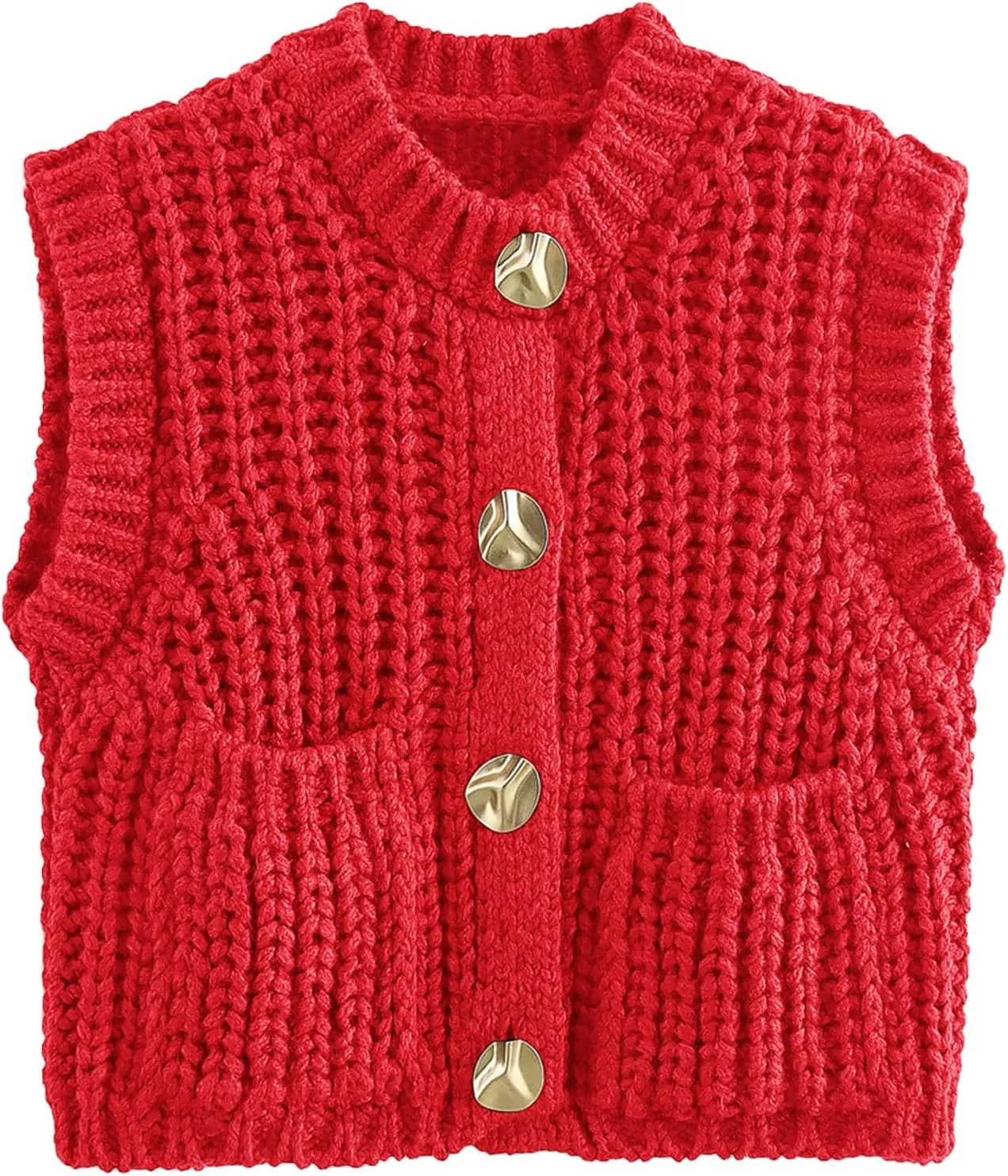 Flygo Womens Sleeveless Crop Chunky Knit Cardigan Trendy Button Down Cropped Knitted Sweater Vest Tops with Pockets