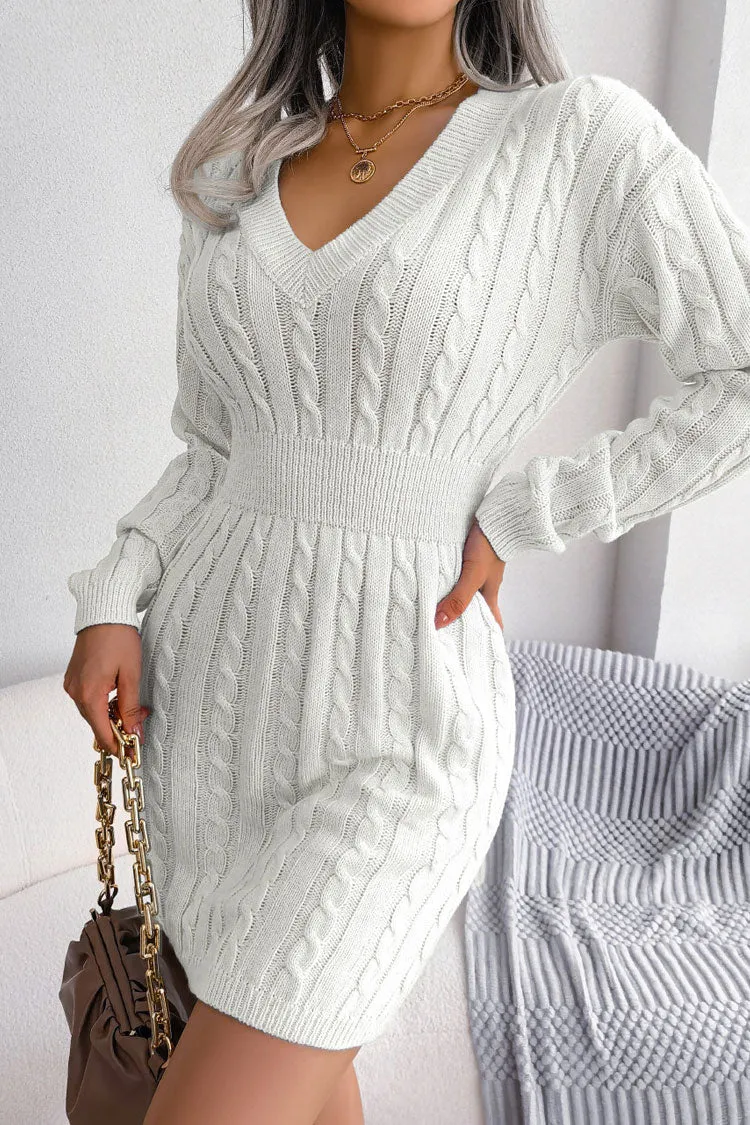Flytonn-nye outfits Sexy V Neck Winter Fisherman Cable Knit Sweater Mini Dress - White