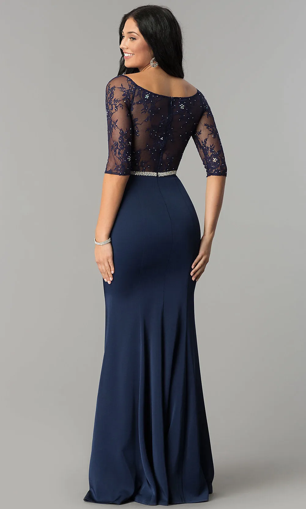 Formal Dress with Sheer Lace Three-Quarter Sleeves