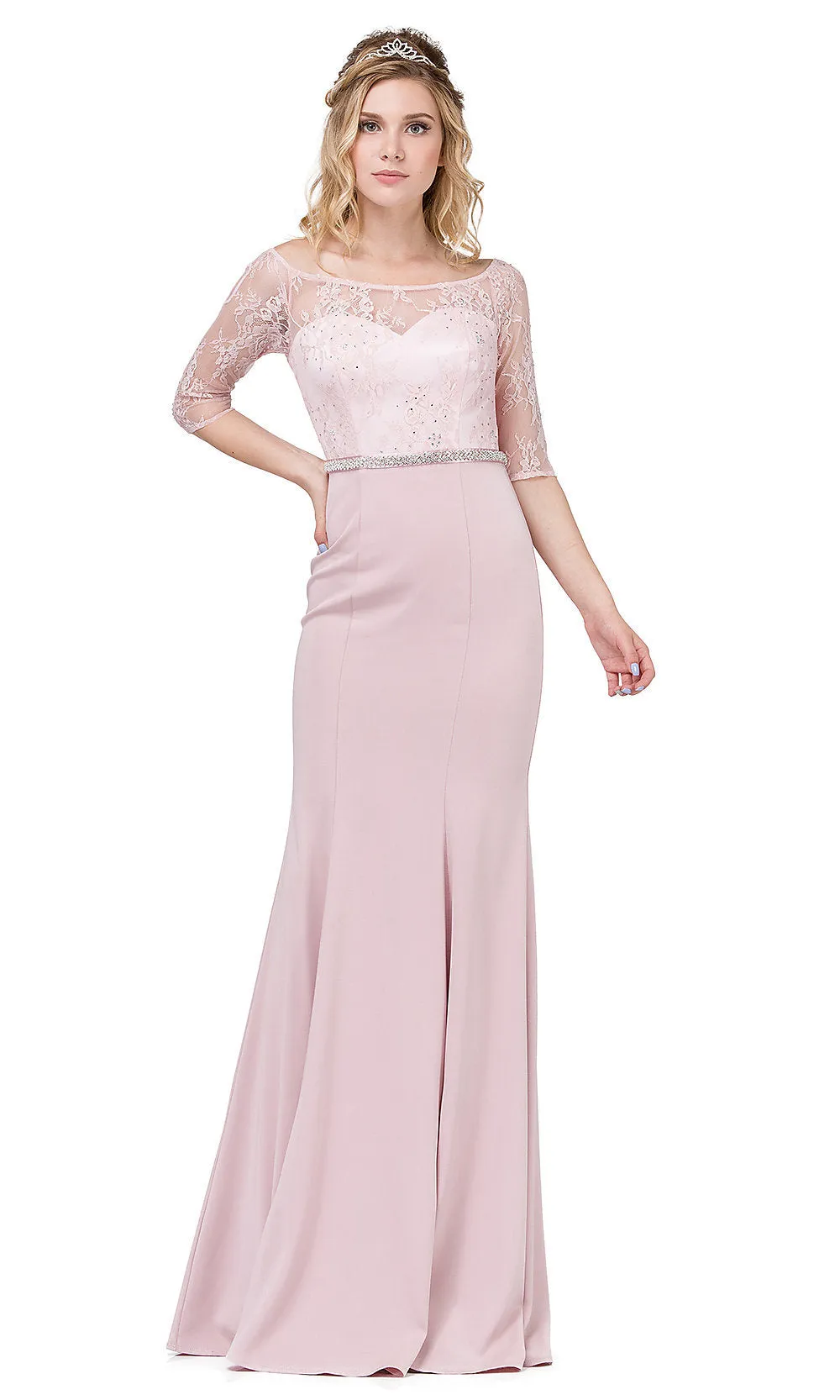 Formal Dress with Sheer Lace Three-Quarter Sleeves