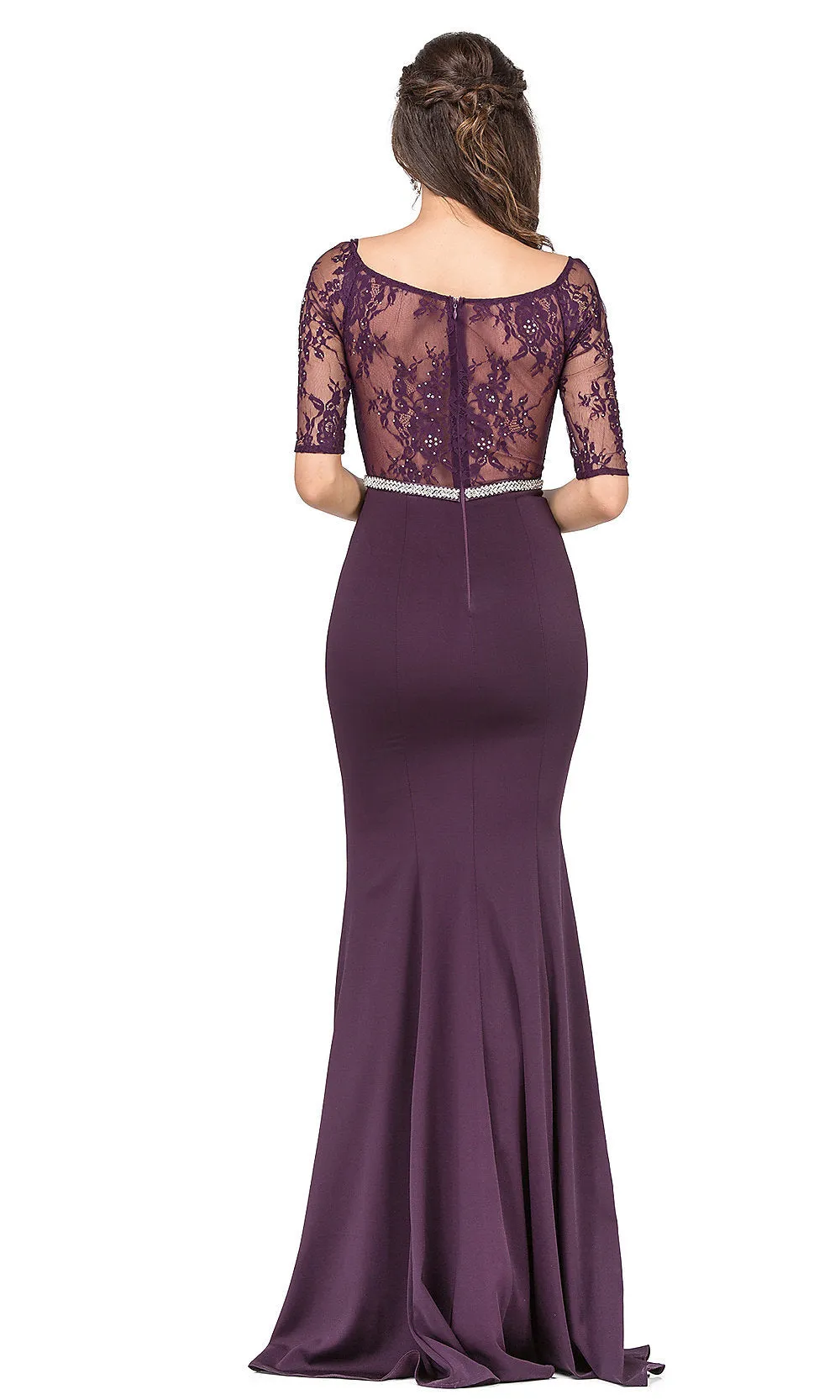 Formal Dress with Sheer Lace Three-Quarter Sleeves