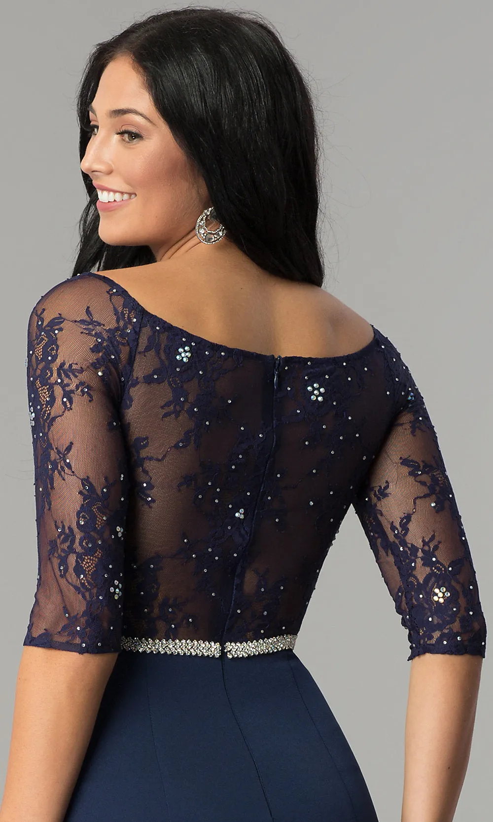 Formal Dress with Sheer Lace Three-Quarter Sleeves