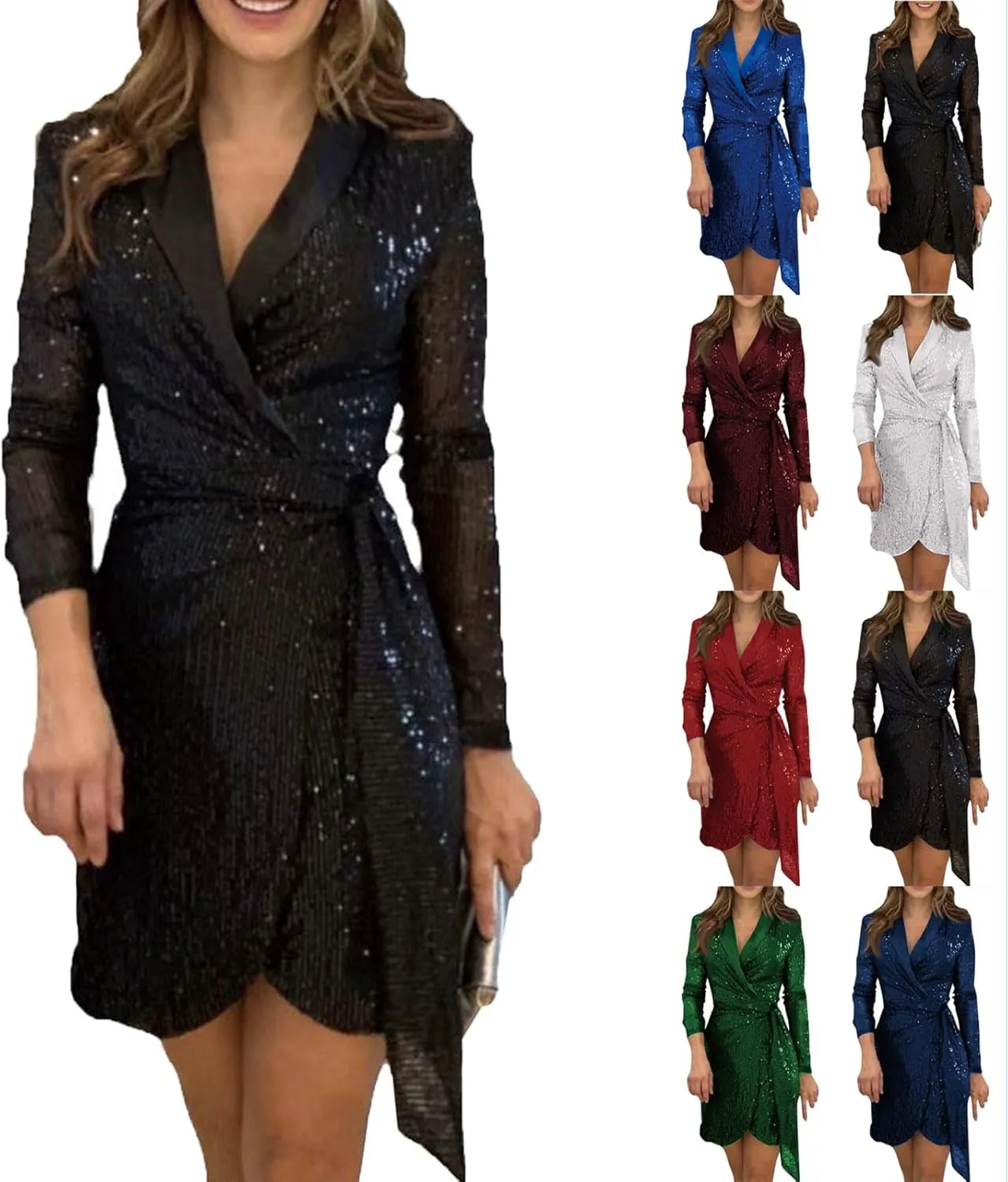 Formal Dresses for Women,2024 Summer Trendy Sparkly Sequin Party Dress,Elegant V Neck Long Sleeve Ruched Blazer Dress