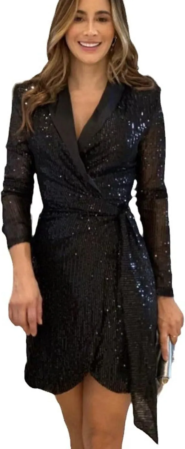 Formal Dresses for Women,2024 Summer Trendy Sparkly Sequin Party Dress,Elegant V Neck Long Sleeve Ruched Blazer Dress