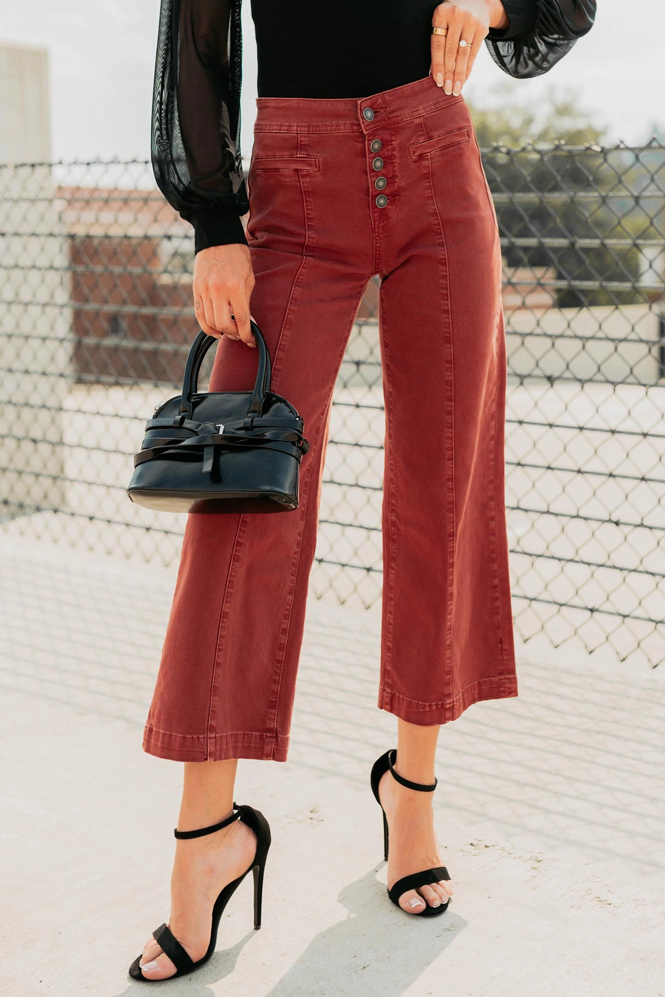 Frances Wide Leg Cropped Mica Denim Jeans (Dark Red)