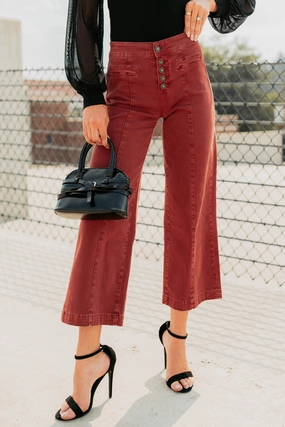 Frances Wide Leg Cropped Mica Denim Jeans (Dark Red) Frances Wide Leg Cropped Mica Denim Jeans (Dark Red)