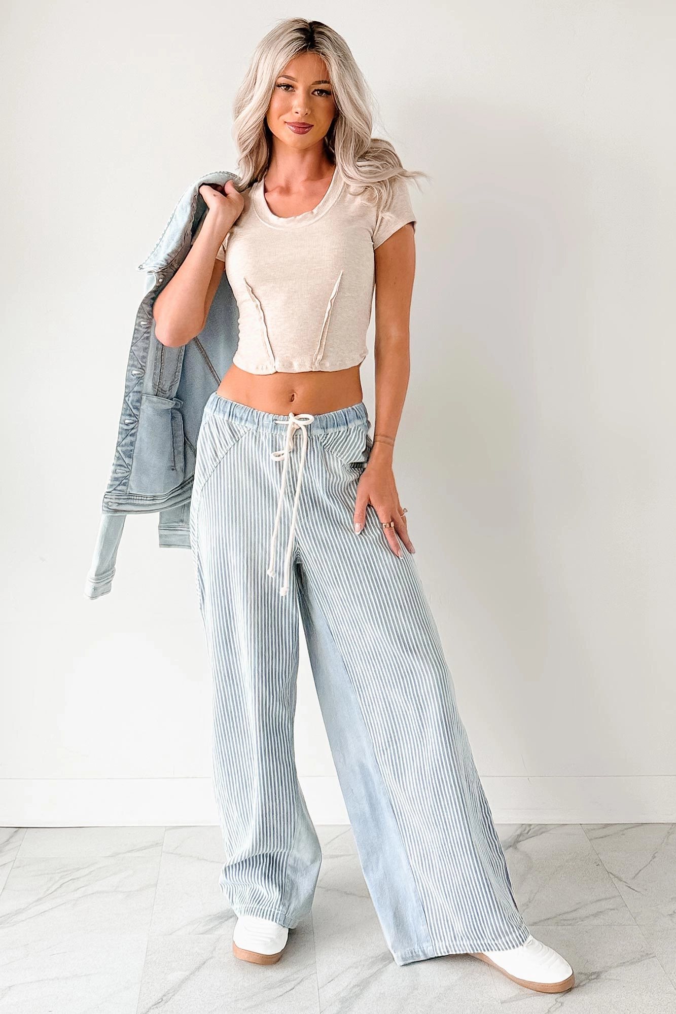 Franklin Striped Drawstring Wide Leg Jeans (Denim)