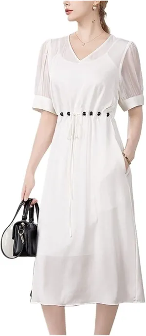 French Style Minimalist Slim Fit V Neck Dresses Silk Flowy Long Skirt for Casual Outings, Beach Vacations